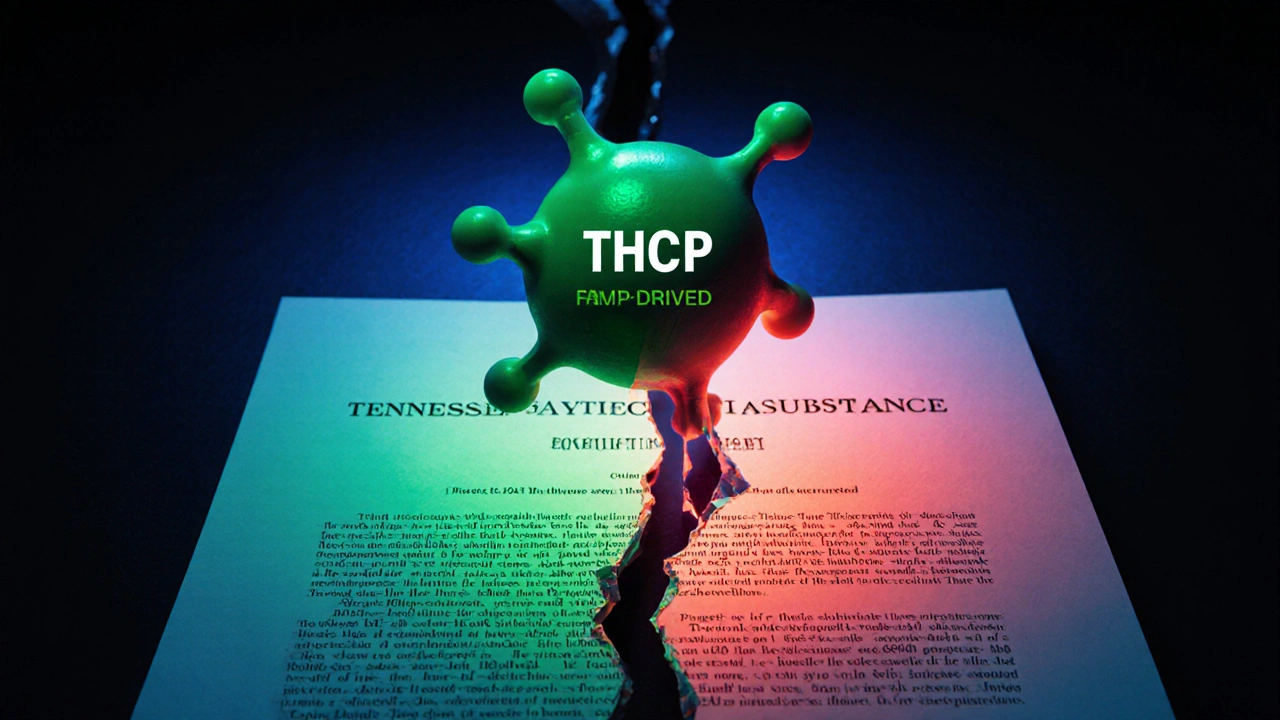 Molekülstruktur von THCP über einem zersplitterten Gesetzesdokument, grün und rot beleuchtet.