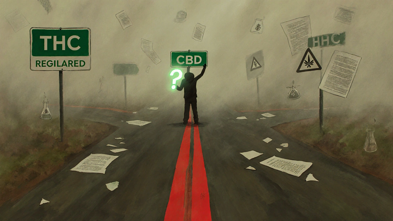 Person an Kreuzweg mit Wegen für THC, CBD und nebligem HHC, voller Warnsymbole.