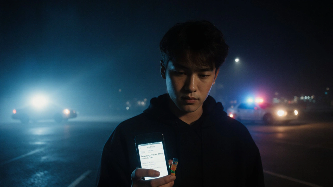 Person hält THCP-Gummibonbon in der Hand, Polizeiauto im Nebel im Hintergrund, beklemmende Stimmung.