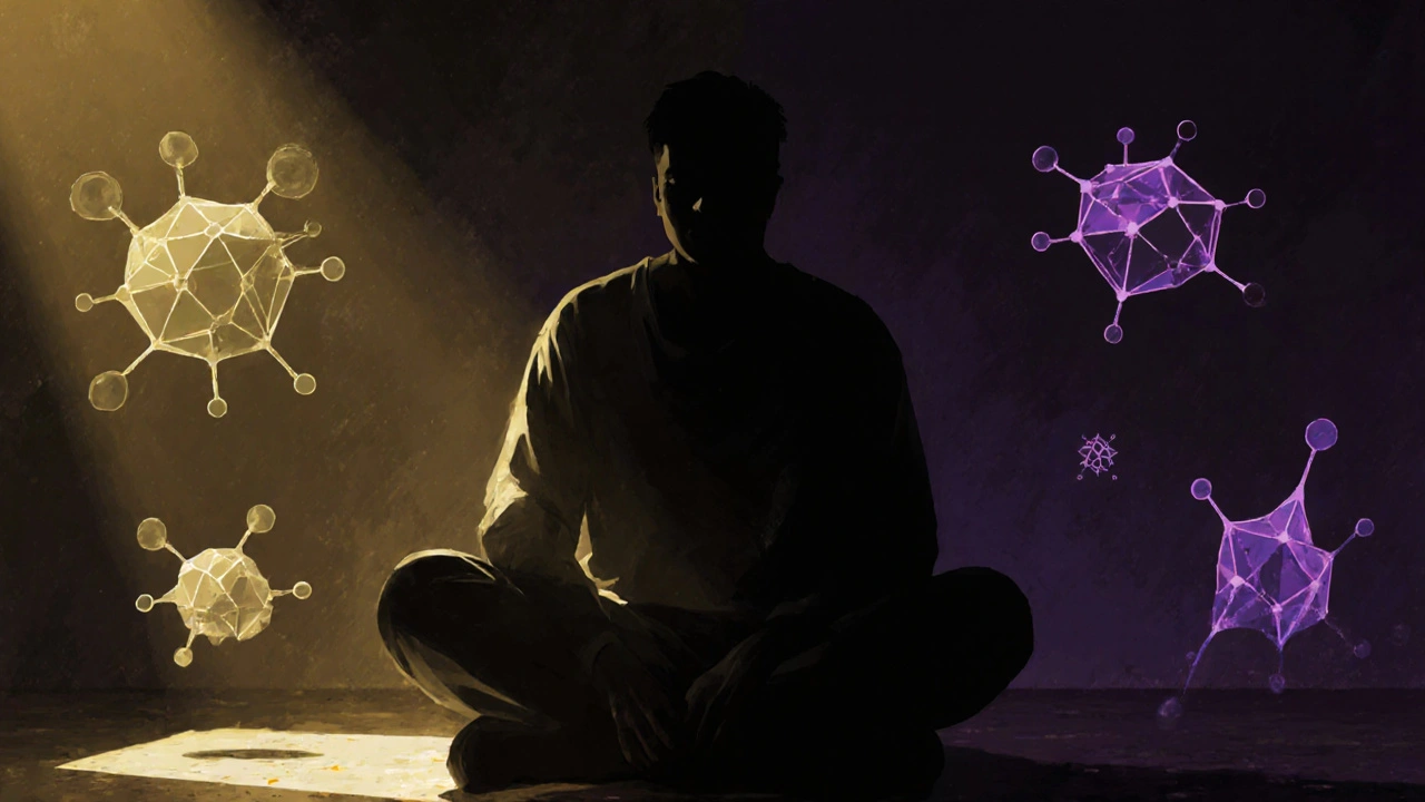 Person in ruhigem Raum, umgeben von schwebenden Rezeptorformen, goldenes und violettes Licht symbolisieren unterschiedliche Wirkungen.