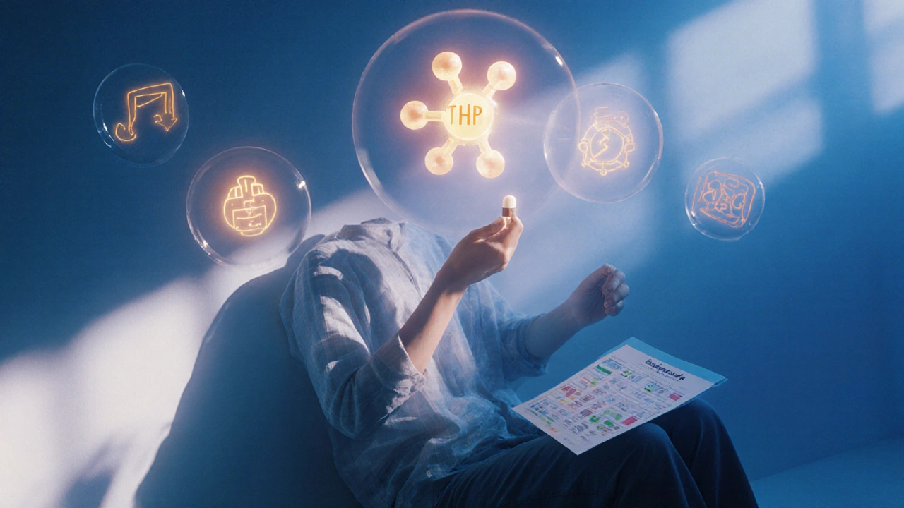 Person mit THCP-Molekül über dem Kopf, umgeben von emotionalen Symbolen