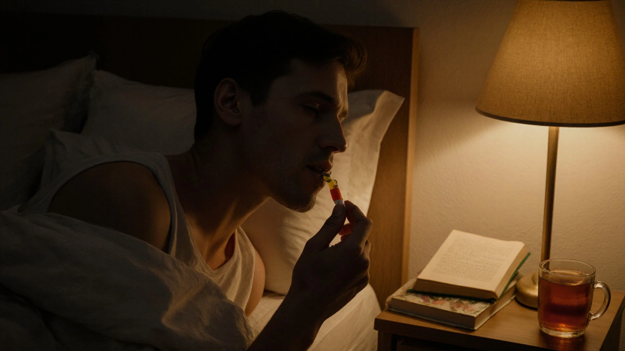 Person nimmt vor dem Schlafen ein CBD-Gummibärchen ein, in einem ruhigen Schlafzimmer.