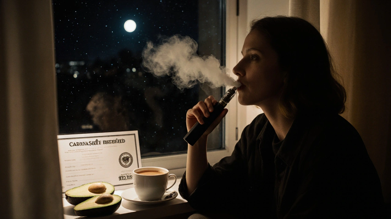 Person sitzt am Fenster und atmet einen feinen Dampf aus, Mondlicht fällt auf einen Labortest und eine Avocado.