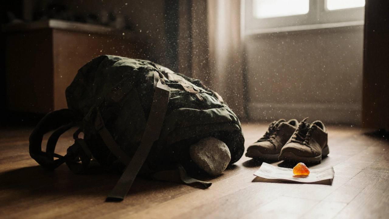 Rucksack mit entferntem Stein und CBD-Gummibärchen auf dem Boden — Metapher für erleichterte Antriebslosigkeit.