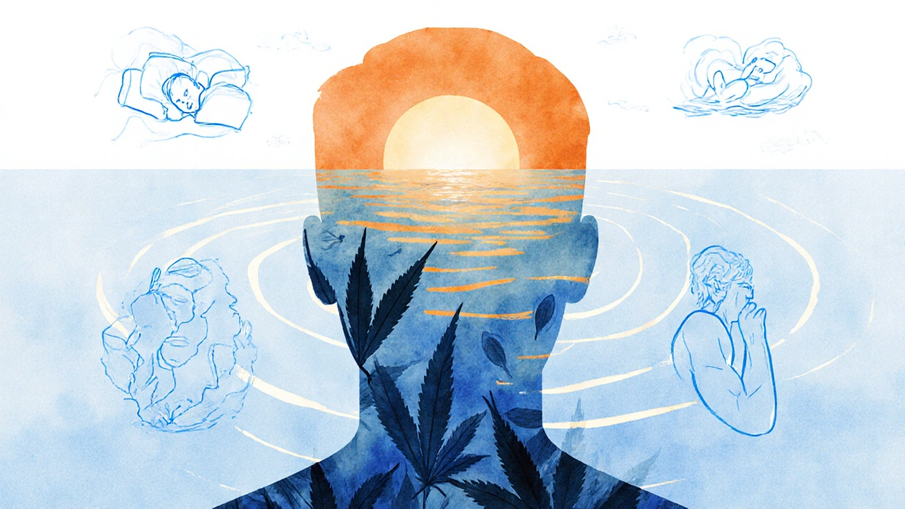 Silhouette löst sich in Naturelemente auf, Symbol für Freiheit von CBD.