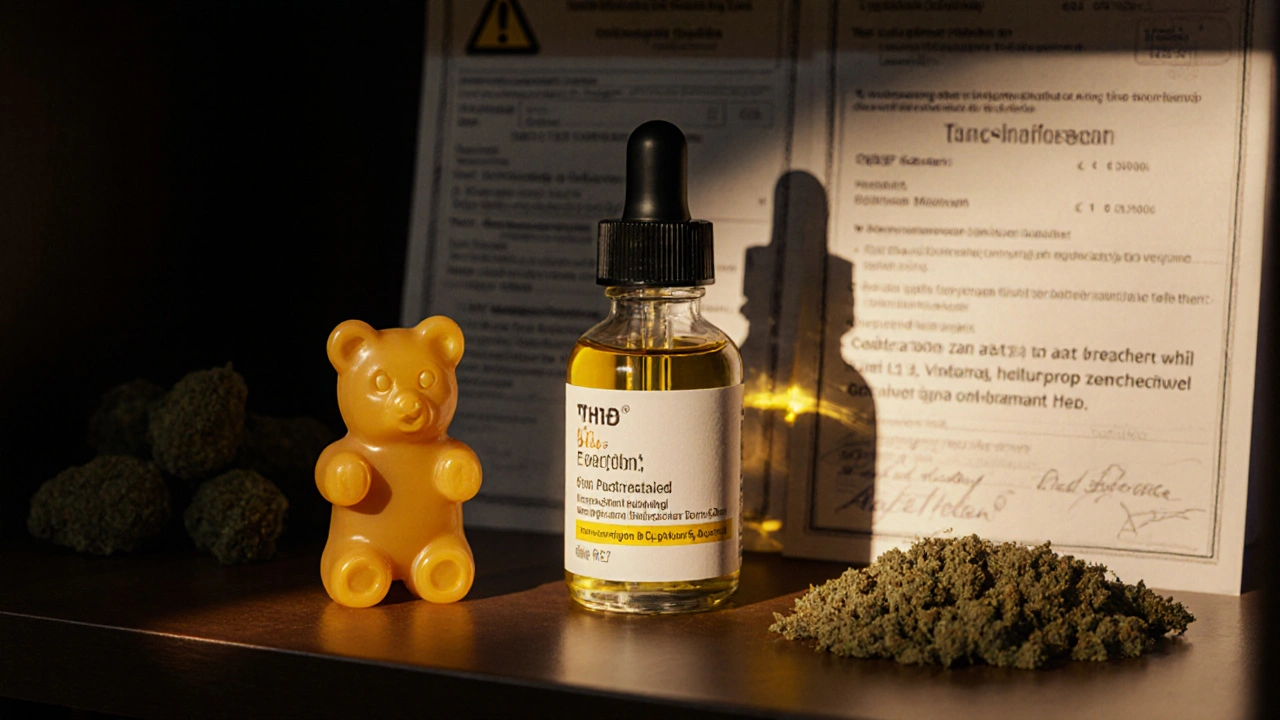 THCP-Produkte auf einem Regal: Gummibärchen, Ölflasche und behandelte Blüten