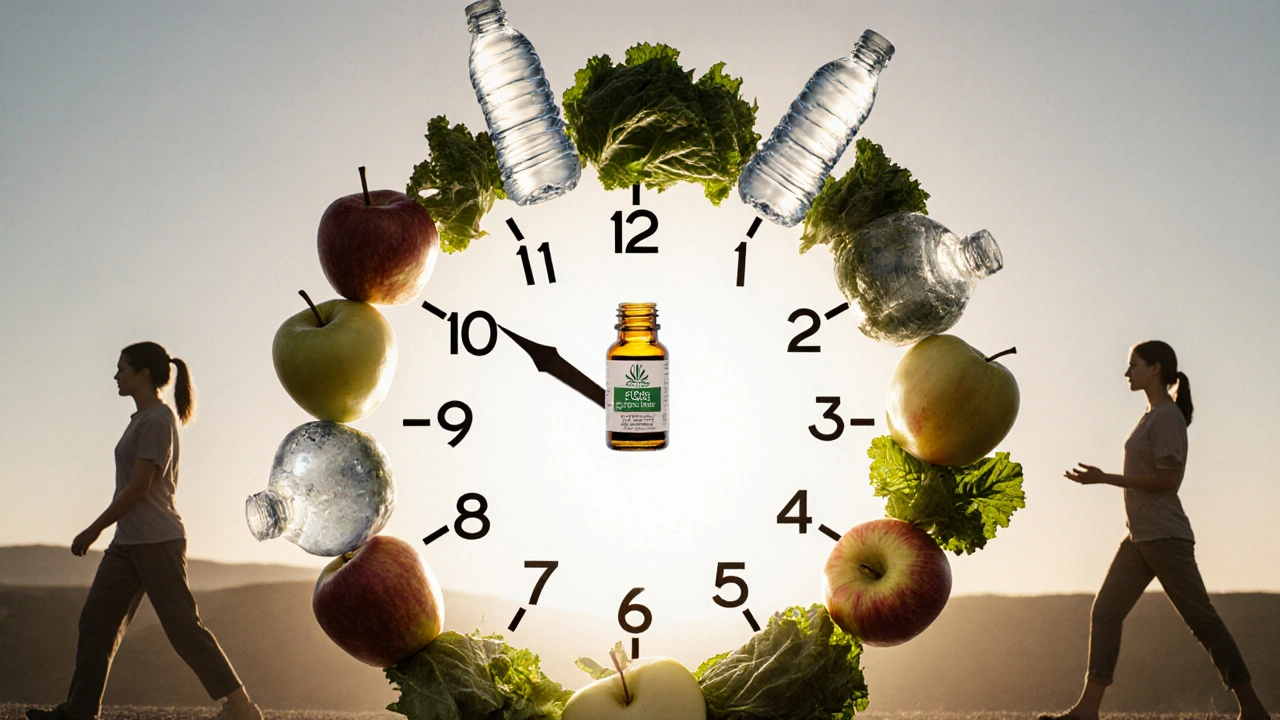 Uhr mit gesunden Lebensmitteln als Ziffern, CBD-Öl in der Mitte — Symbol für Geduld beim Abnehmen.