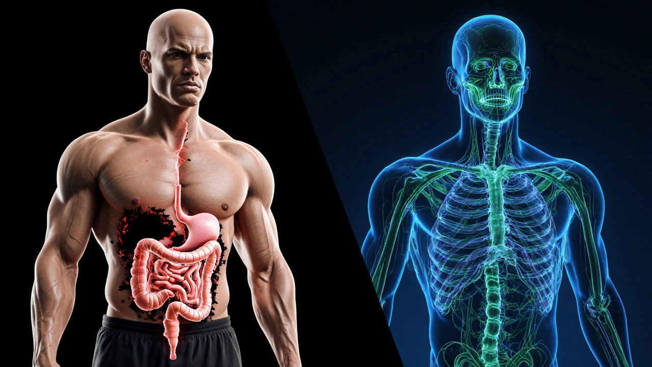 Vergleich der körperlichen Auswirkungen von Ibuprofen und CBD auf Muskel und Organen.