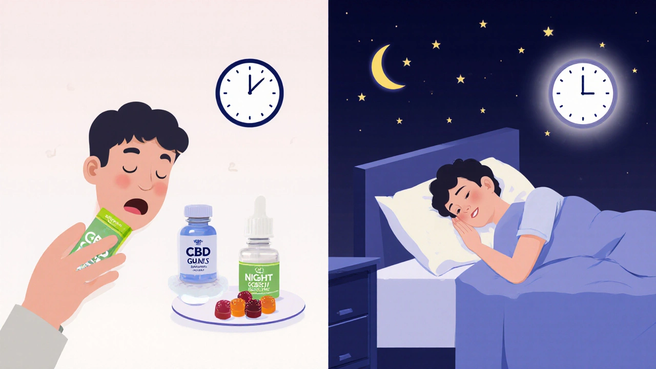 Vergleich: Person nimmt CBD morgens und schläft danach ruhig nachts.