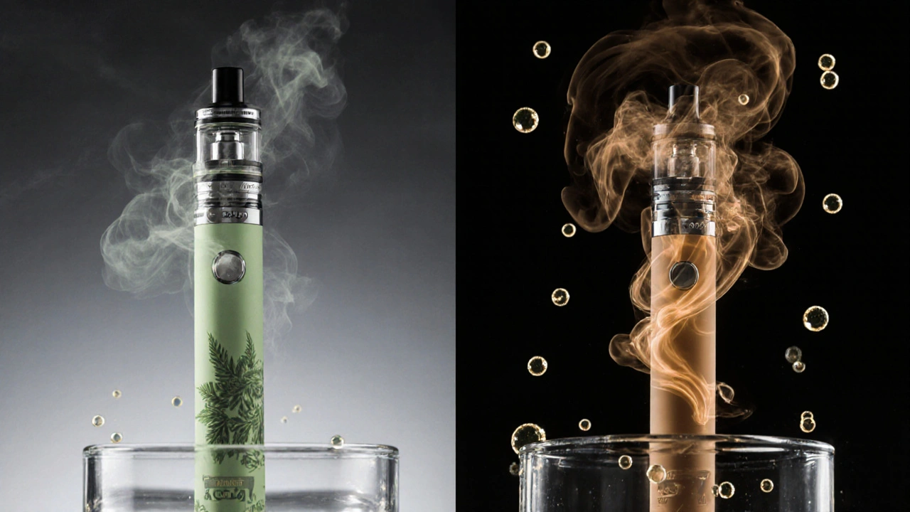 Vergleich von CBD- und HHC-Dampf: CBD mit herbem, HHC mit süßlich-karamellartigem Rauch.