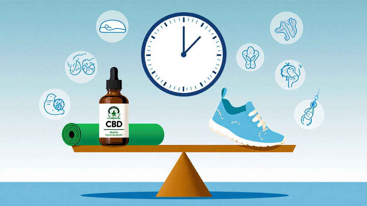 Waage mit CBD-Flasche und Babystiefel — Balance zwischen Entspannung und Fruchtbarkeit.