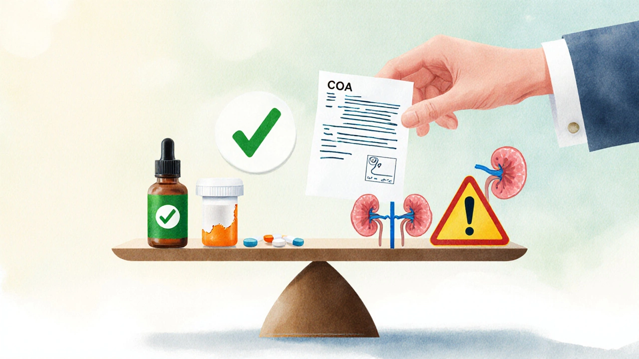 Waage mit CBD und gesunder Niere auf einer Seite, Medikamente und Warnzeichen auf der anderen, unterstützt von einem Arzt.