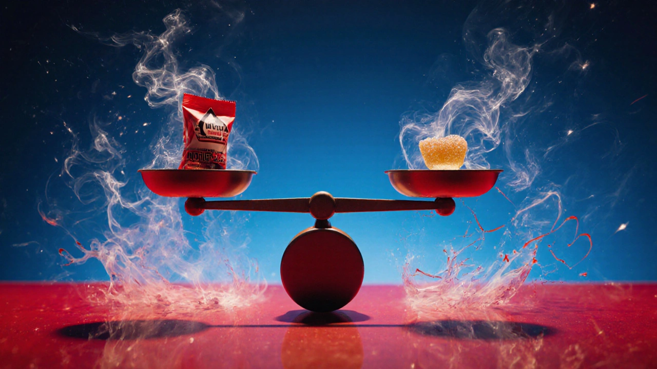 Waage mit Delta-9- und THCP-Gummibärchen, THCP-Seite zieht schwer in rauchige, lichtdurchbrochene Wirbel.