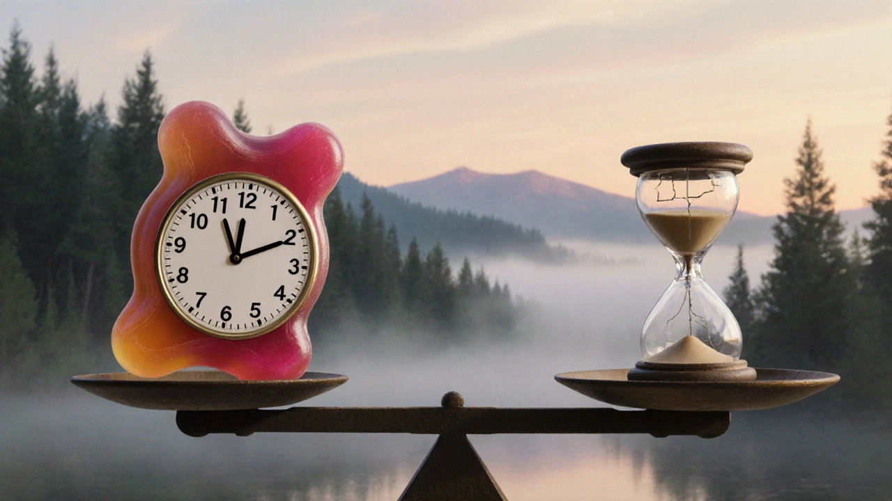 Waage mit HHC-Gummibärchen (lange Wirkdauer) und Delta-8-Gummibärchen (kurze Wirkdauer) über einer friedlichen Landschaft.