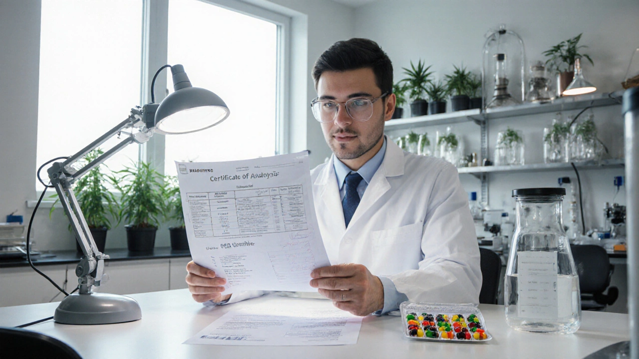 Wissenschaftlerin prüft Laborzertifikat für CBD-Gummibärchen