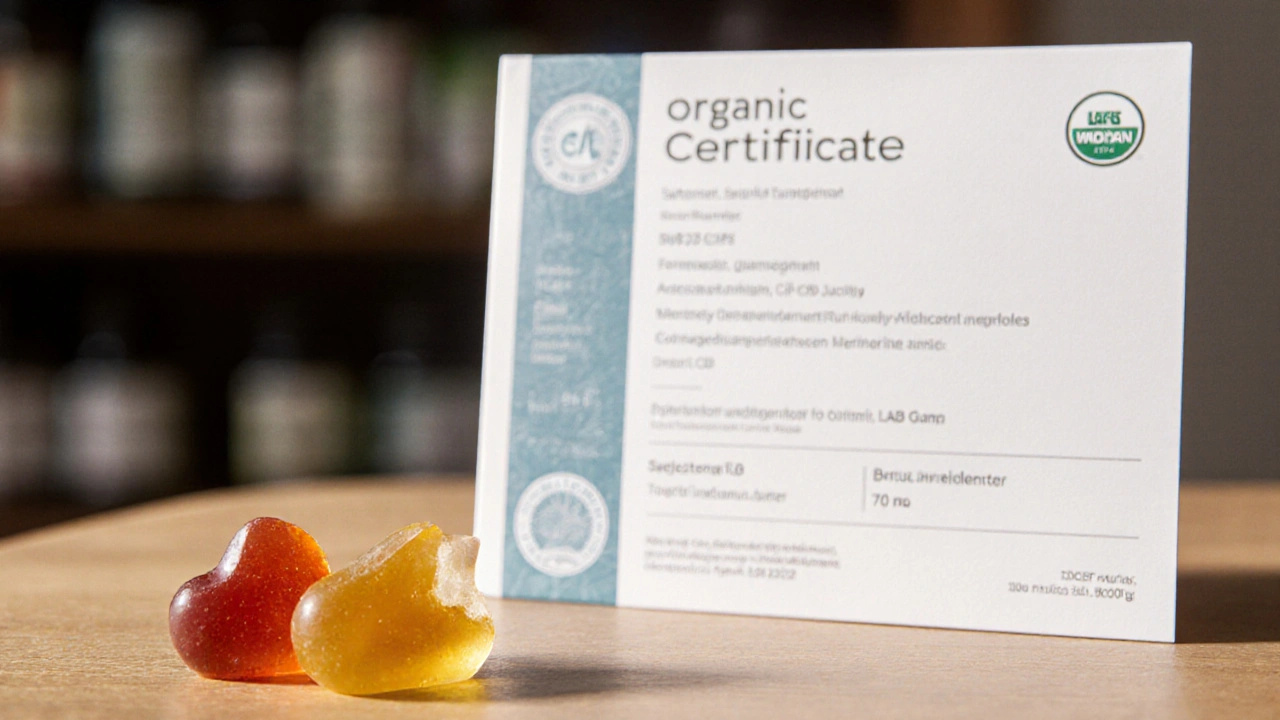 Zwei CBD-Gummibärchen neben einem Laborzertifikat auf holziger Oberfläche.