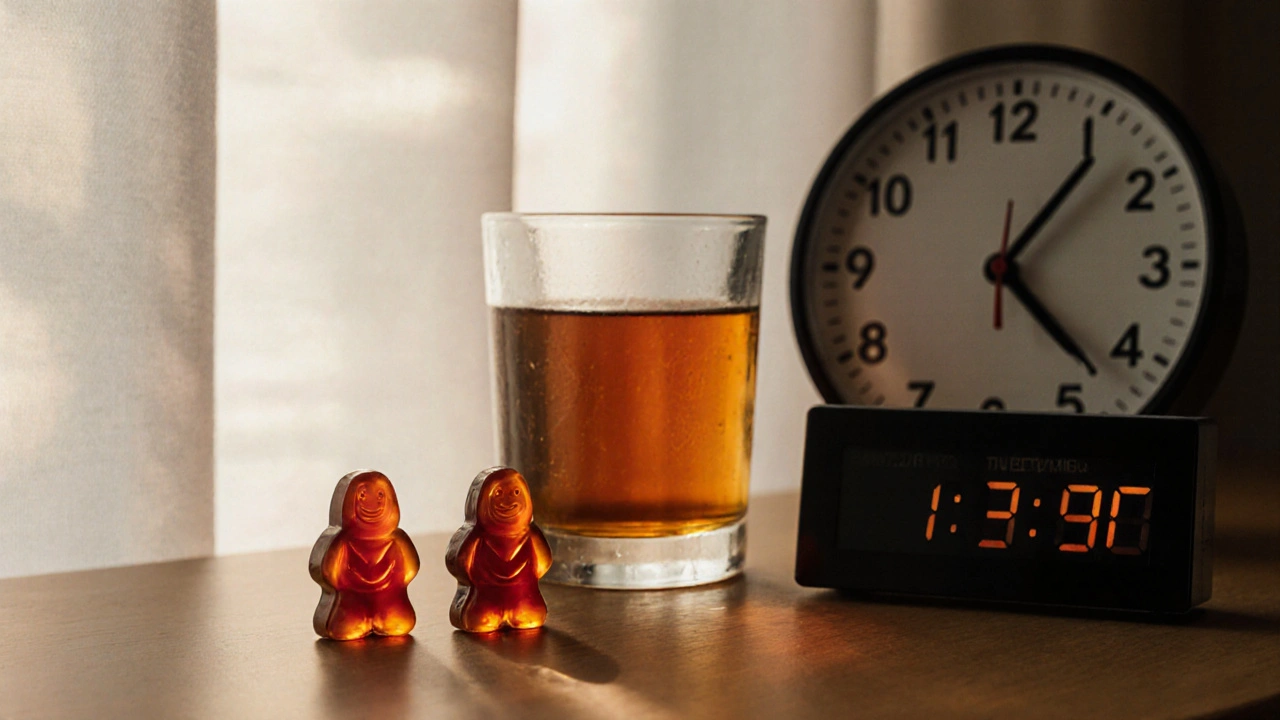 Zwei CBD-Gummis neben einer Tasse Kamillentee und einer Uhr, die 21:30 Uhr anzeigt.