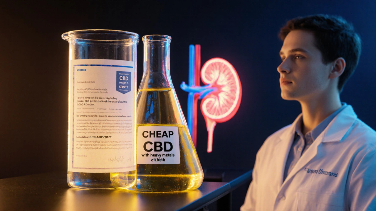 Zwei CBD-Produkte im Vergleich: hochwertiges Öl mit Zertifikat neben einem schadstoffbelasteten Produkt, mit gesunder Niere im Hintergrund.