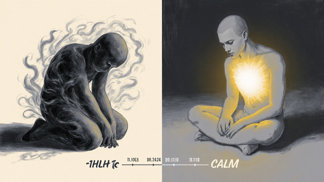 Zwei emotionale Zustände: links Unruhe durch Delta-8, rechts tiefe Ruhe durch HHC, symbolisch dargestellt in sanften Farben.