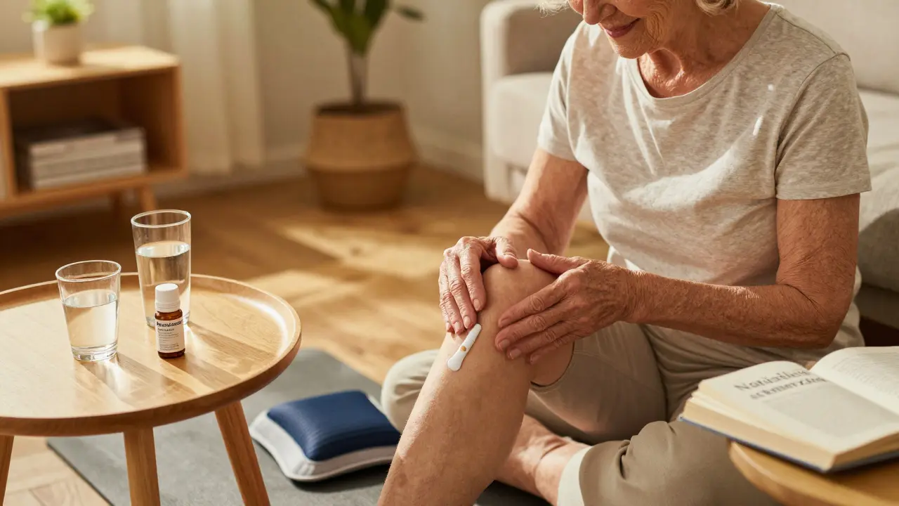 Ältere Frau trägt eine CBD-Creme auf ihr Knie auf, Paracetamol steht neben ihr — ruhige, natürliche Schmerzlinderung.