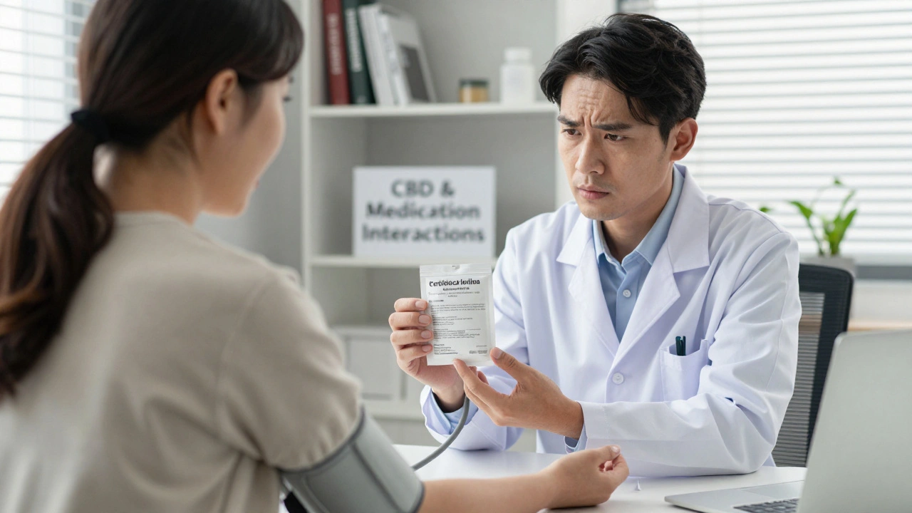 Arzt und Patientin besprechen CBD-Gummis in der Praxis, Blutdruckmanschette am Arm.