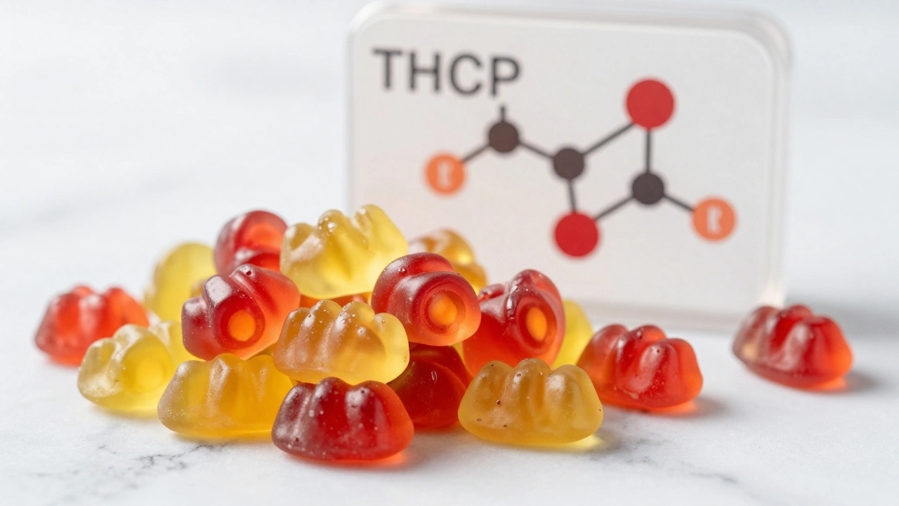 Bunte Gummibärchen mit leuchtendem THCP-Kern auf Marmorplatte, hyperrealistisch fotografiert