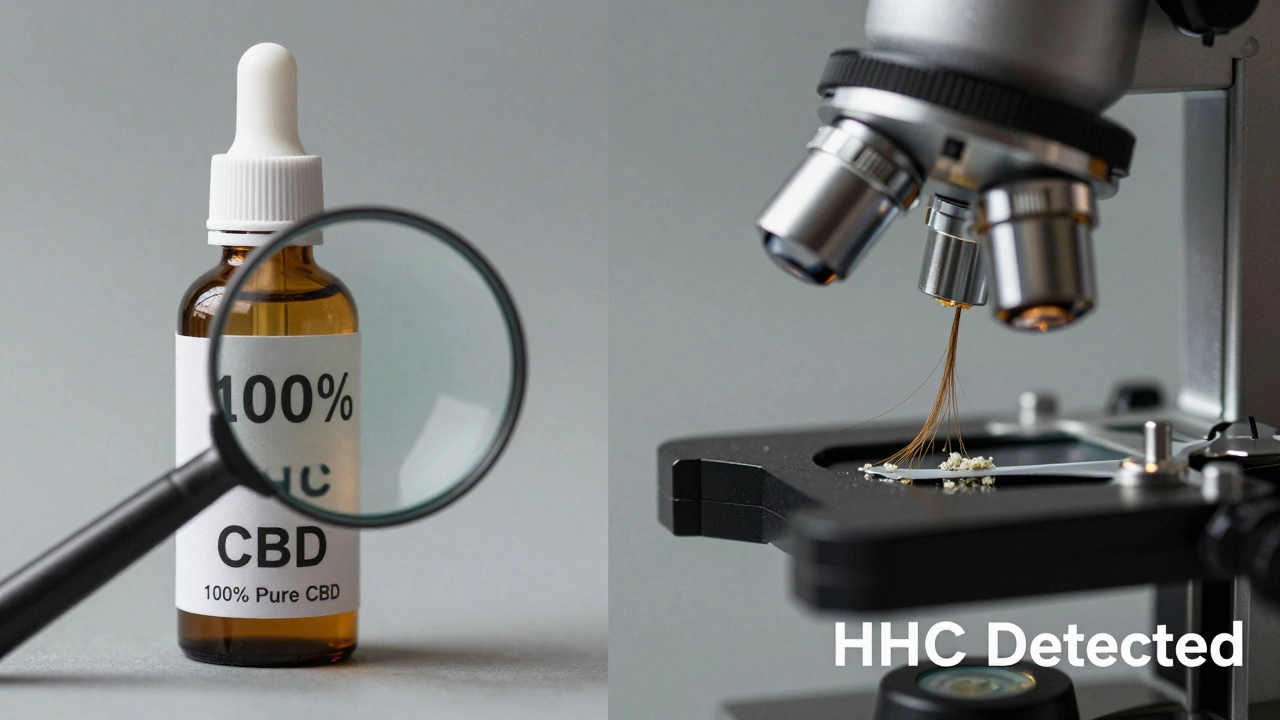 CBD-Öl-Flasche mit verborgenem HHC im Inneren und Haarprobe mit nachweisbaren Cannabinoiden.
