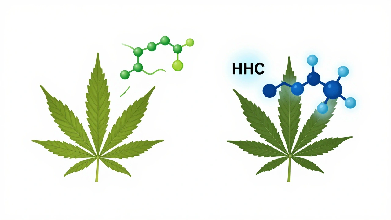 Chemische Umwandlung von Hanf zu CBD und HHC mit molekularen Strukturen, wissenschaftliche Illustration in sanften Farben.