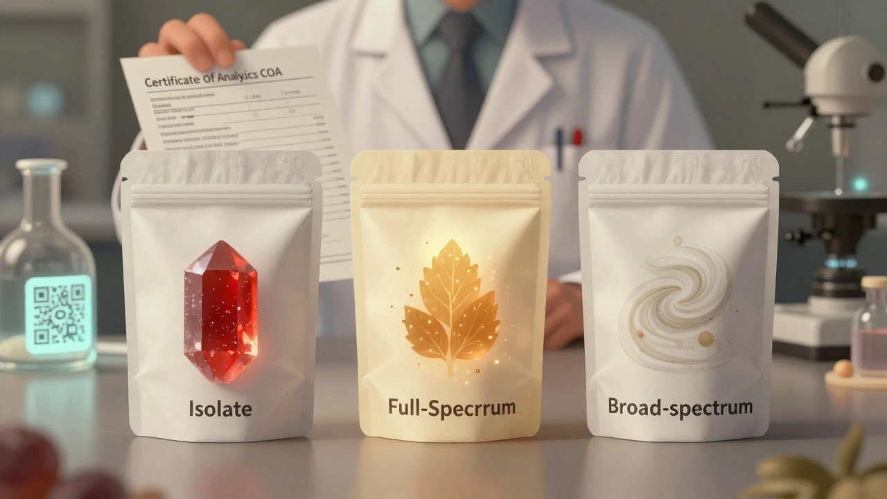 Drei Arten von THC-Gummis mit unterschiedlichen Inhalten, daneben COA-Dokument.