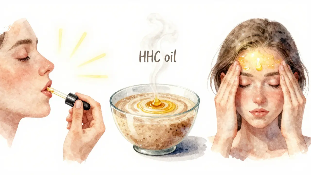 Drei Methoden zur Einnahme von HHC-Öl: unter die Zunge, in Smoothie, auf die Haut.