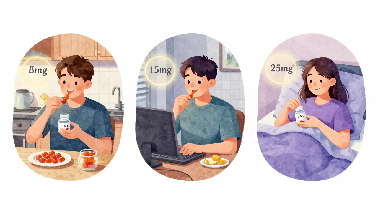 Drei Szenen zeigen verschiedene CBD-Dosierungen während des Tages: Frühstück, Nachmittag und Abend.
