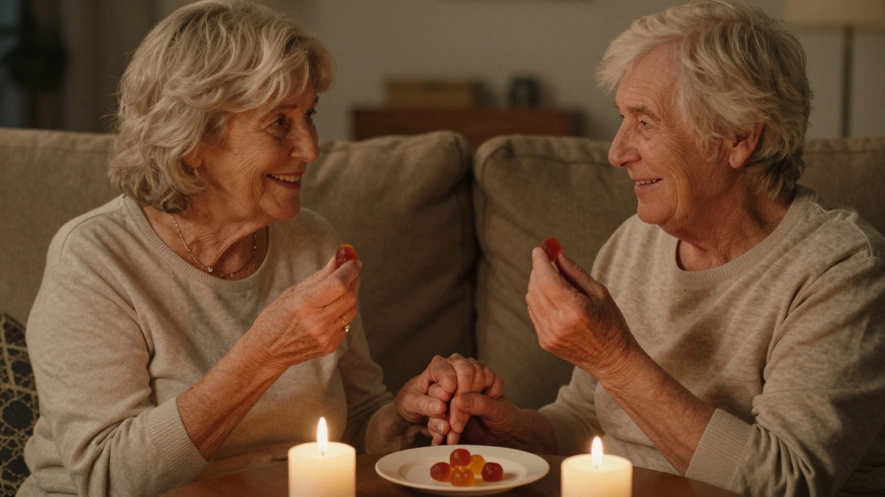 Ehepaar hält sich an den Händen und teilt ein CBD-Gummibärchen in gemütlicher Abendatmosphäre.