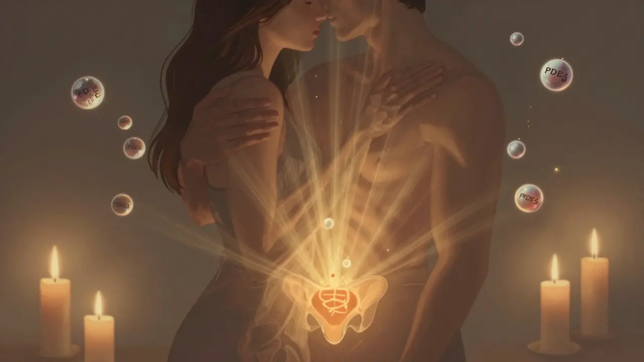 Ein Paar umarmt sich sanft im Kerzenschein, goldenes Licht strahlt symbolisch von ihm aus.