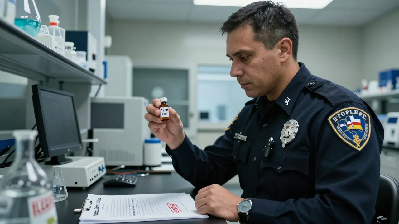 Ein Polizist hält eine THCP-Flasche in einem Labor, umgeben von rechtlichen Dokumenten und Analysegeräten.
