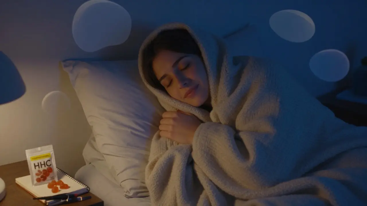 Eine Person entspannt in einer Wolldecke bei Nacht, mit sanftem Licht und abstrakten, beruhigenden Formen umgeben.