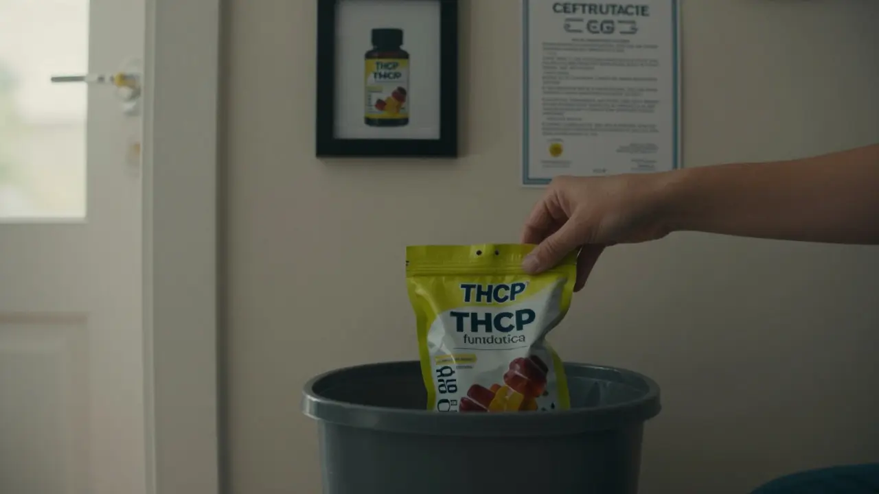 Eine Person wirft THCP-Gummis in den Müll, während ein CBD-Produkt mit Zertifikat an der Wand sichtbar ist.