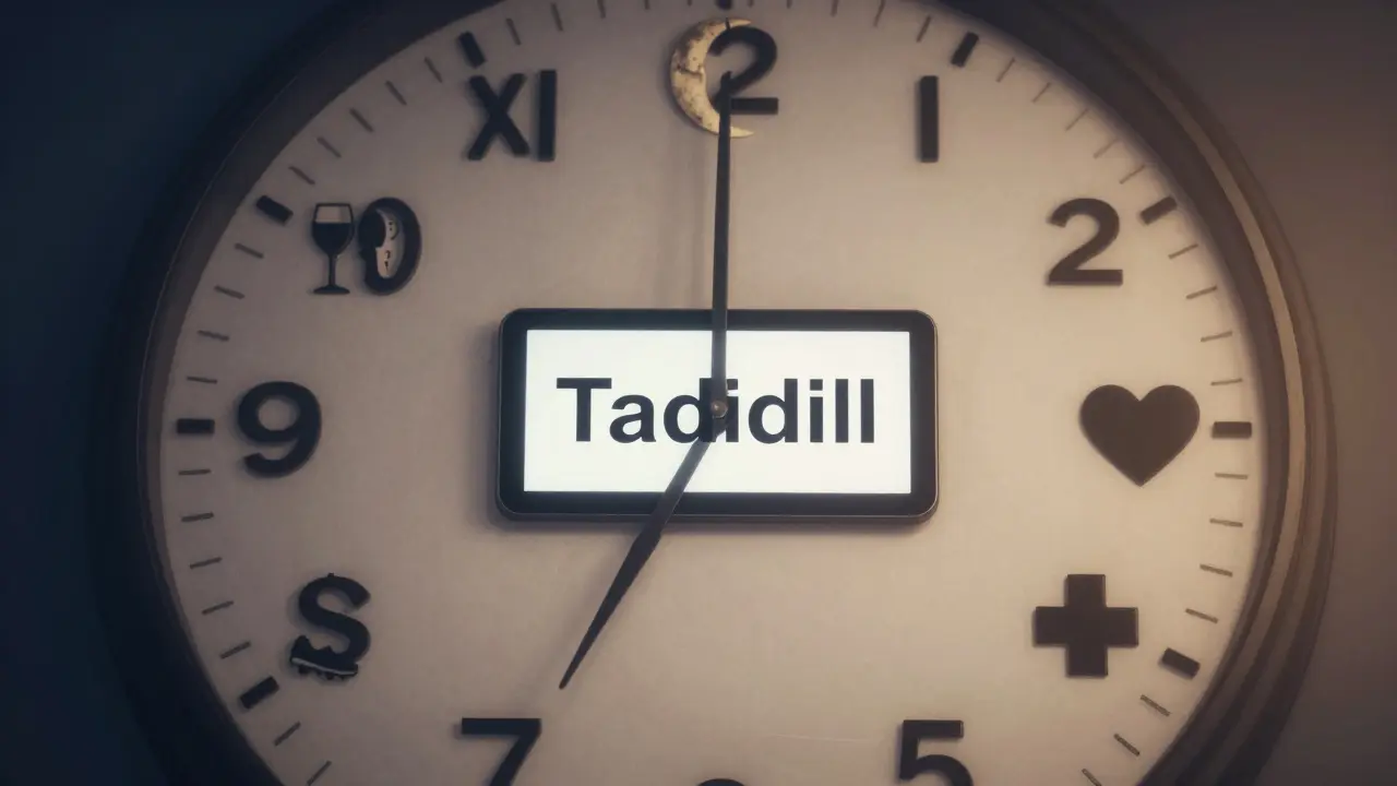 Eine Uhr mit Symbolen statt Zahlen zeigt, wie Lebensstil die Wirkung von Cialis beeinflusst.