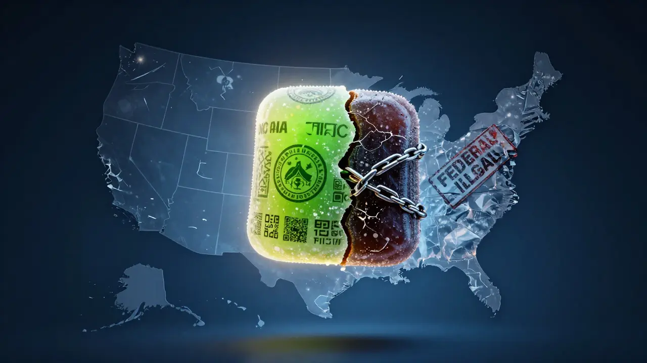 Geteilte THC-Gummi: eine Hälfte legal mit Label, andere Hälfte von Ketten und Verbotssymbolen umgeben.