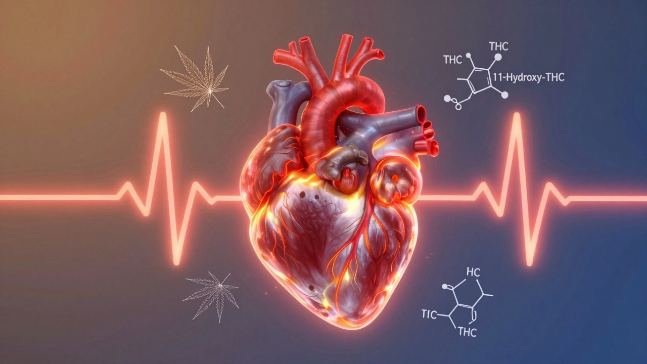 Herz mit energetischen Wellen und THC-Molekülen, symbolisiert beschleunigten Puls nach Konsum.