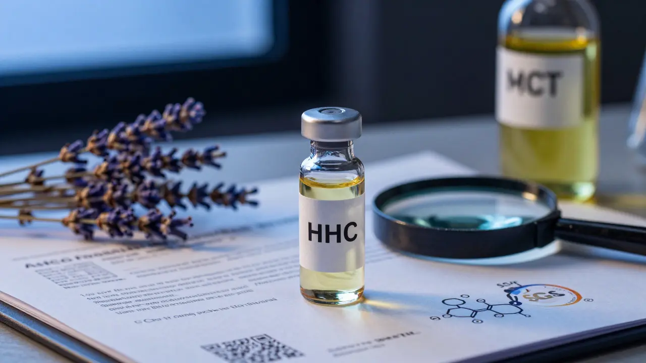 Hochwertiges HHC-Öl mit Zertifikat und natürlichen Begleitstoffen auf einem Laborbericht.