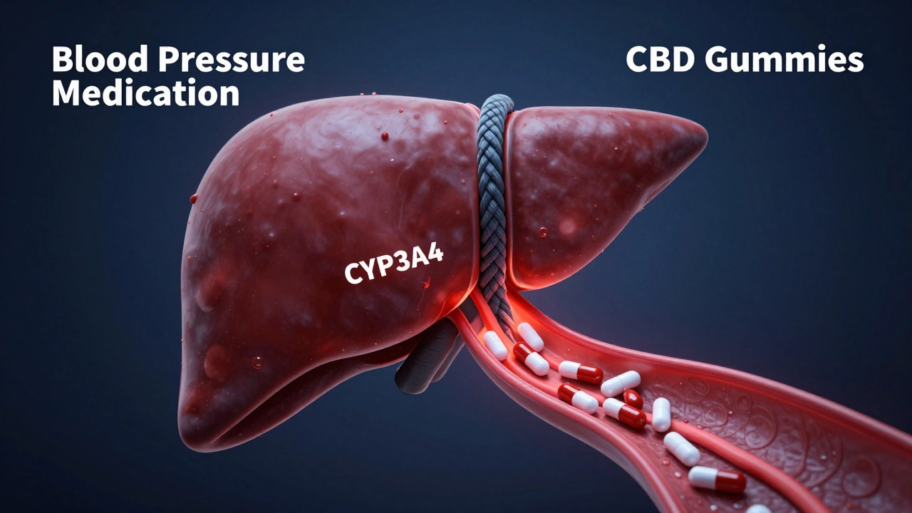 Konzeptuelles Bild einer Leber, bei der CBD den Abbau von Blutdruckmedikamenten blockiert.