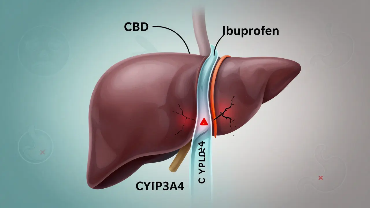 Künstlerische Darstellung einer Leber mit zwei sich überlappenden Strömen von CBD und Ibuprofen, die einen belasteten Abbauweg symbolisieren.