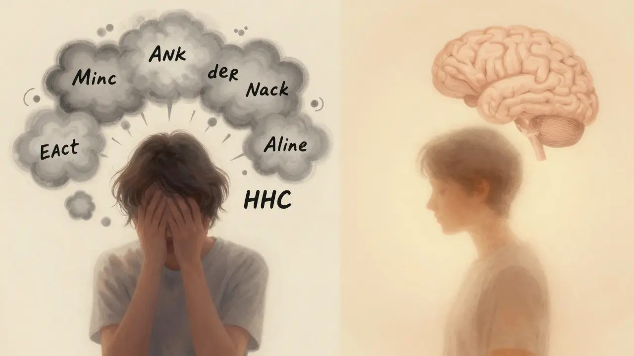Künstlerische Darstellung zweier mentaler Zustände: überwältigende Gedanken vs. sanfte Beruhigung durch HHC.