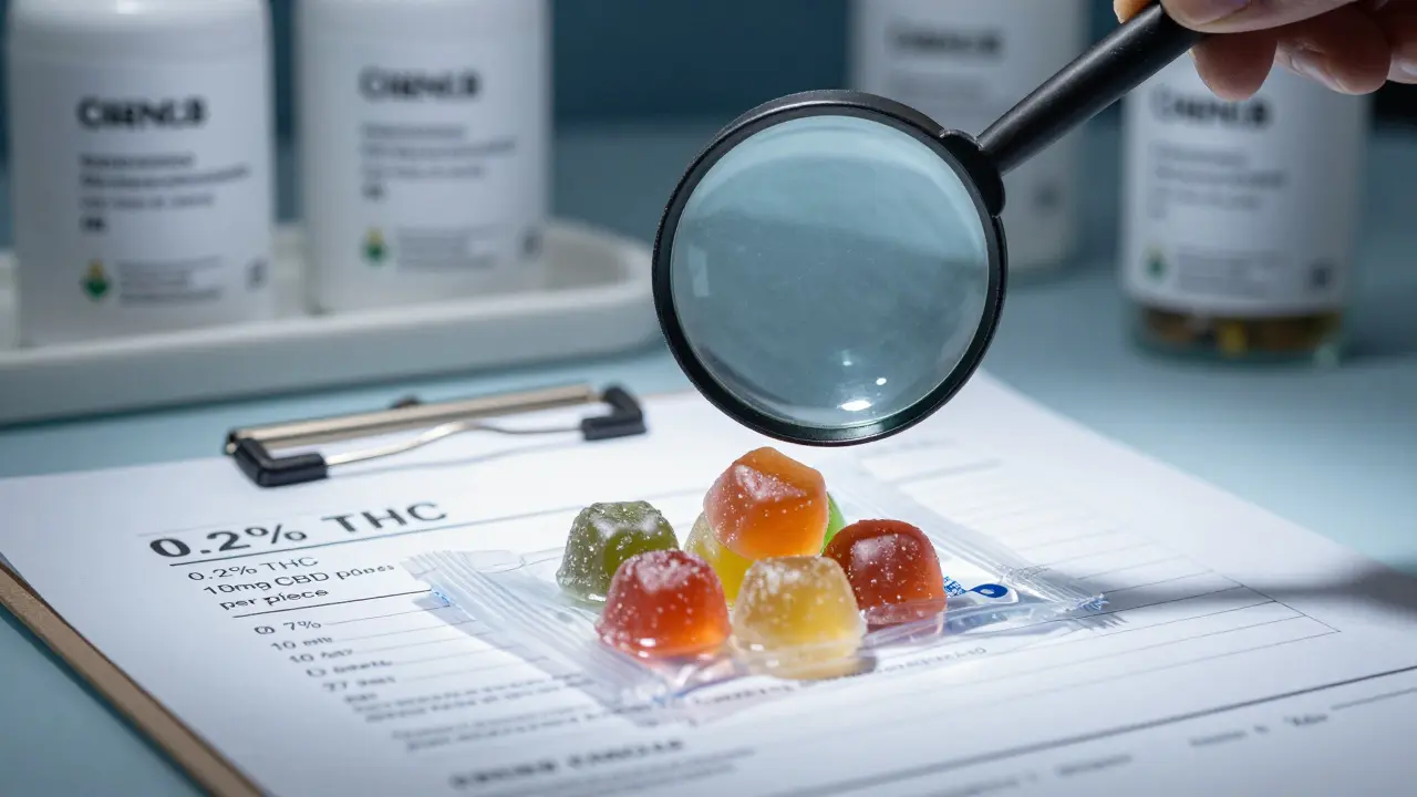 Laborzertifikat mit CBD-Dosierung liegt über einer Packung Gummibärchen, Magnifying glass darüber.