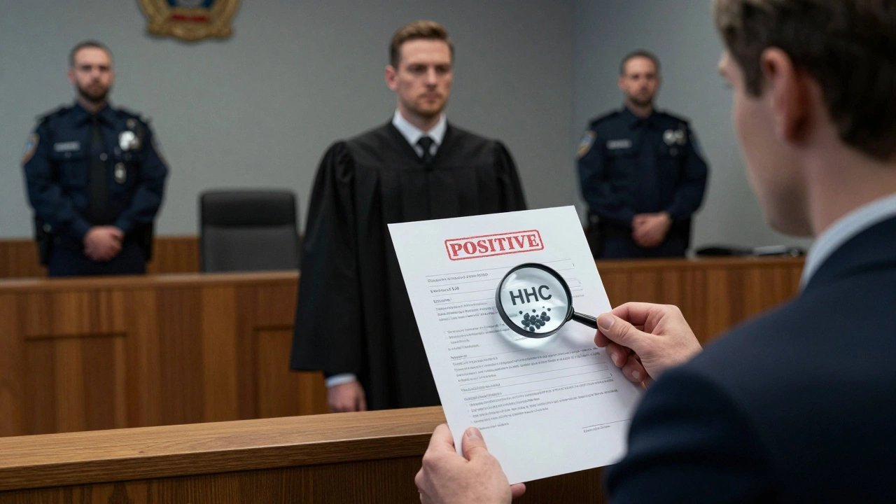 Mann im Gerichtssaal, Richter hält einen positiven Drogentestbericht mit HHC-THC-Verwechslung.