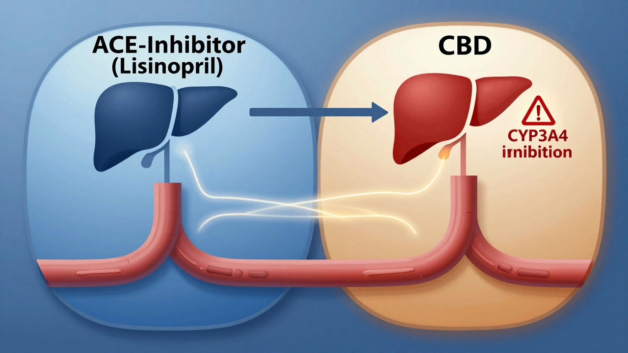 Medizinische Darstellung der Leber mit CYP3A4-Hemmung durch CBD und Blutdruckmedikamente.
