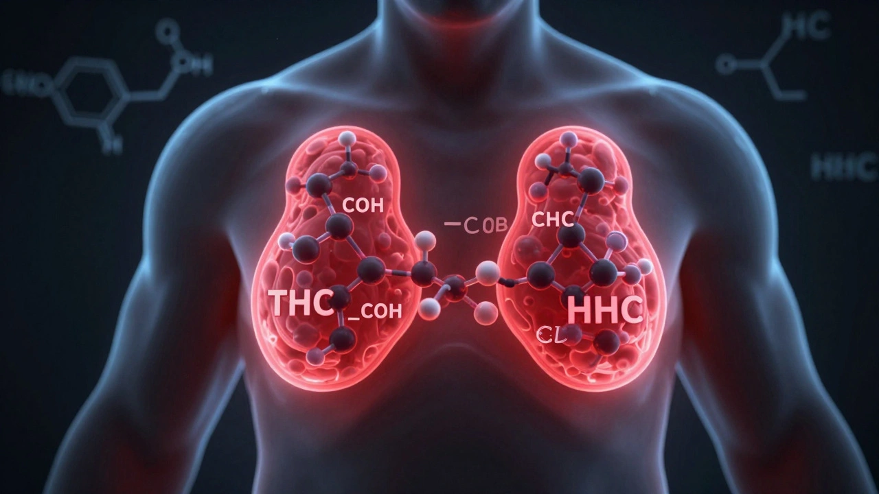 Menschlicher Körper mit fettlöslichen Metaboliten, die wie THC aussehen, in Fettzellen gespeichert.