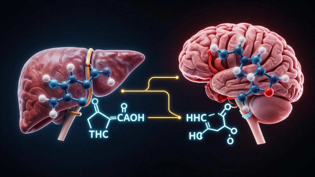 Molekulare Darstellung von HHC und THC, die im Körper in ähnliche Abbauprodukte umgewandelt werden.
