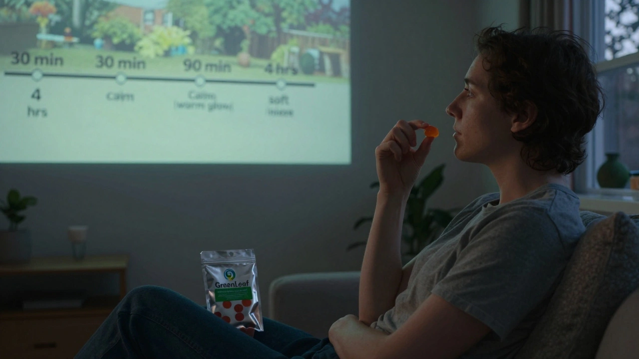 Person hält ein THC-Gummibärchen, hinter ihr erscheint eine Wirkungslinie im Dämmerlicht.