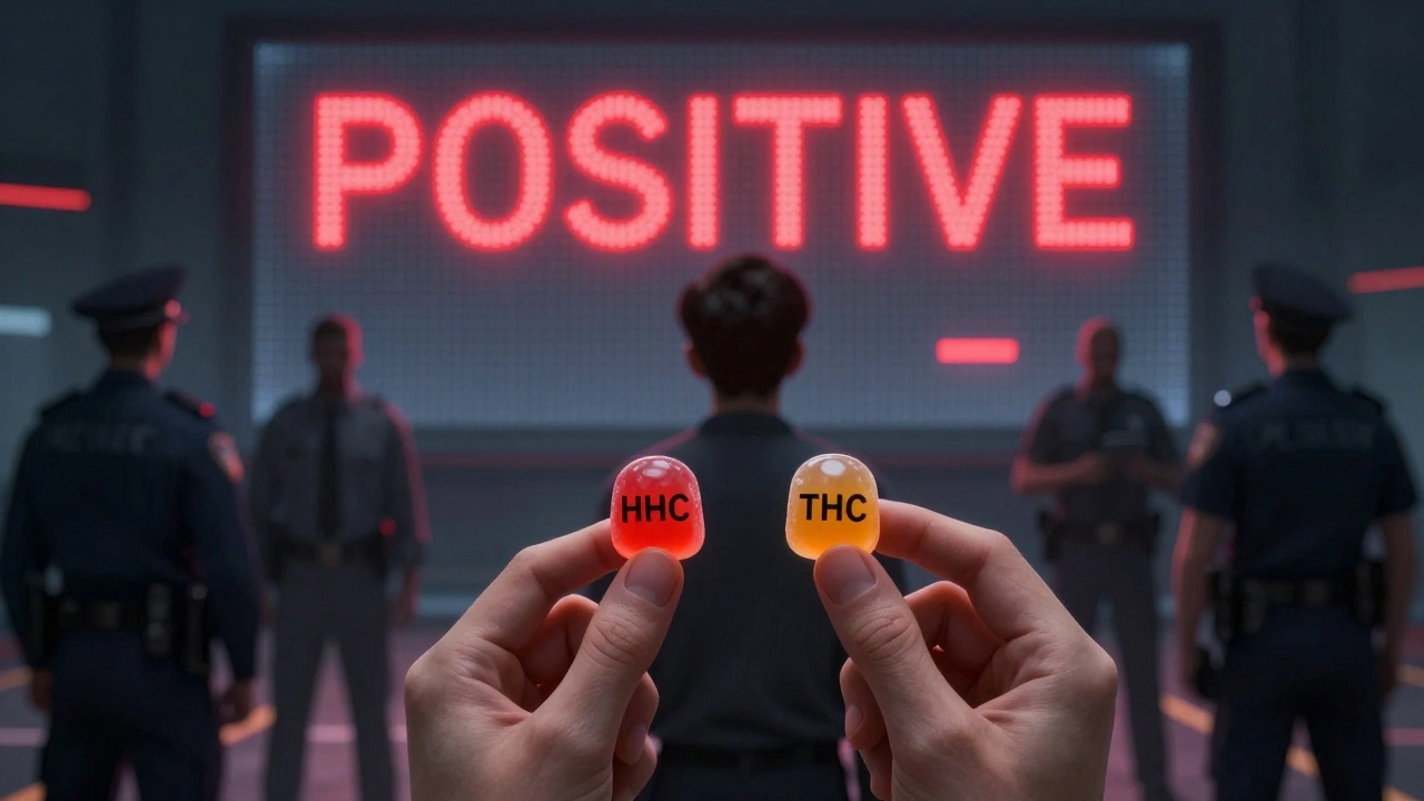 Person hält HHC- und THC-Gummis, während ein positives Drogentest-Ergebnis auf einem Bildschirm erscheint.